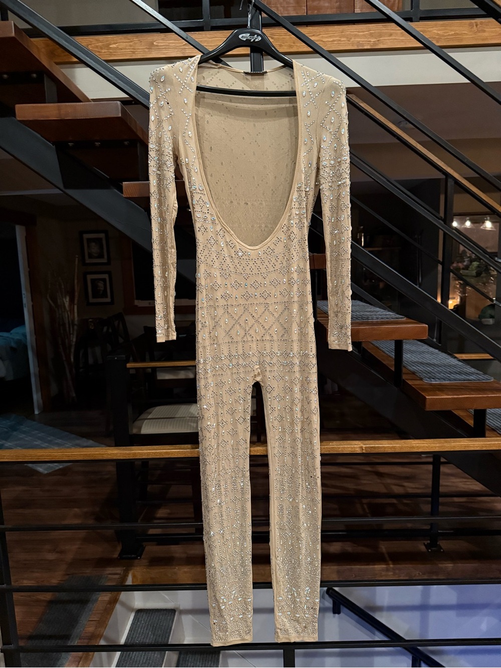 Banjul Champagne-Beige Long-Sleeve Embellished Gown